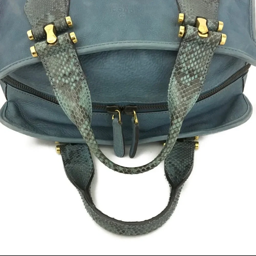 Authentic GUCCI Blue/Green Nubuck Leather Tote Satchel Bag - Picture 5 of 11